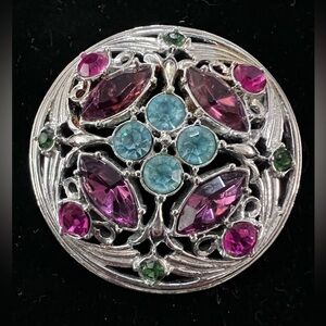 Vintage Sarah Coventry Signed Multicolor Rhinestone Brooch aqua purpl pink green
